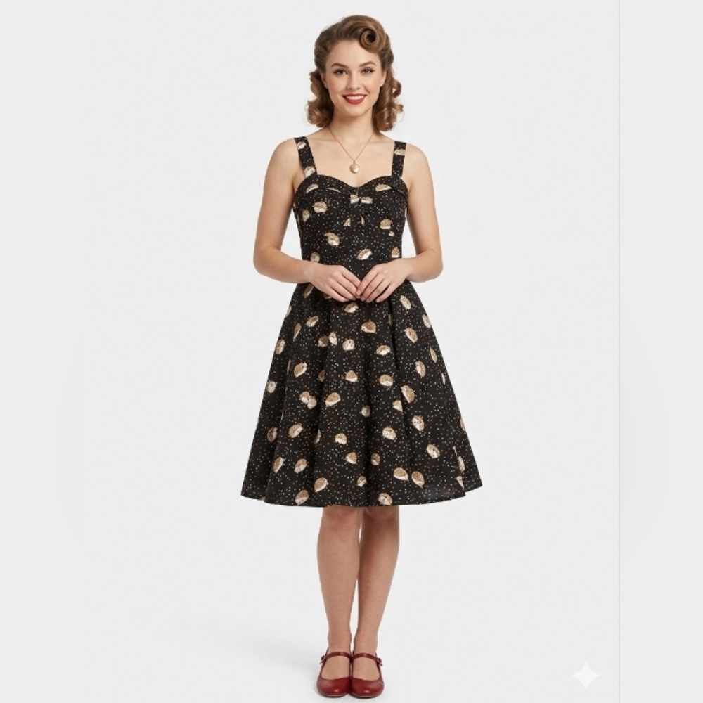 97% Cotton Black Floral Midi Dress with Sweetheart Neckline